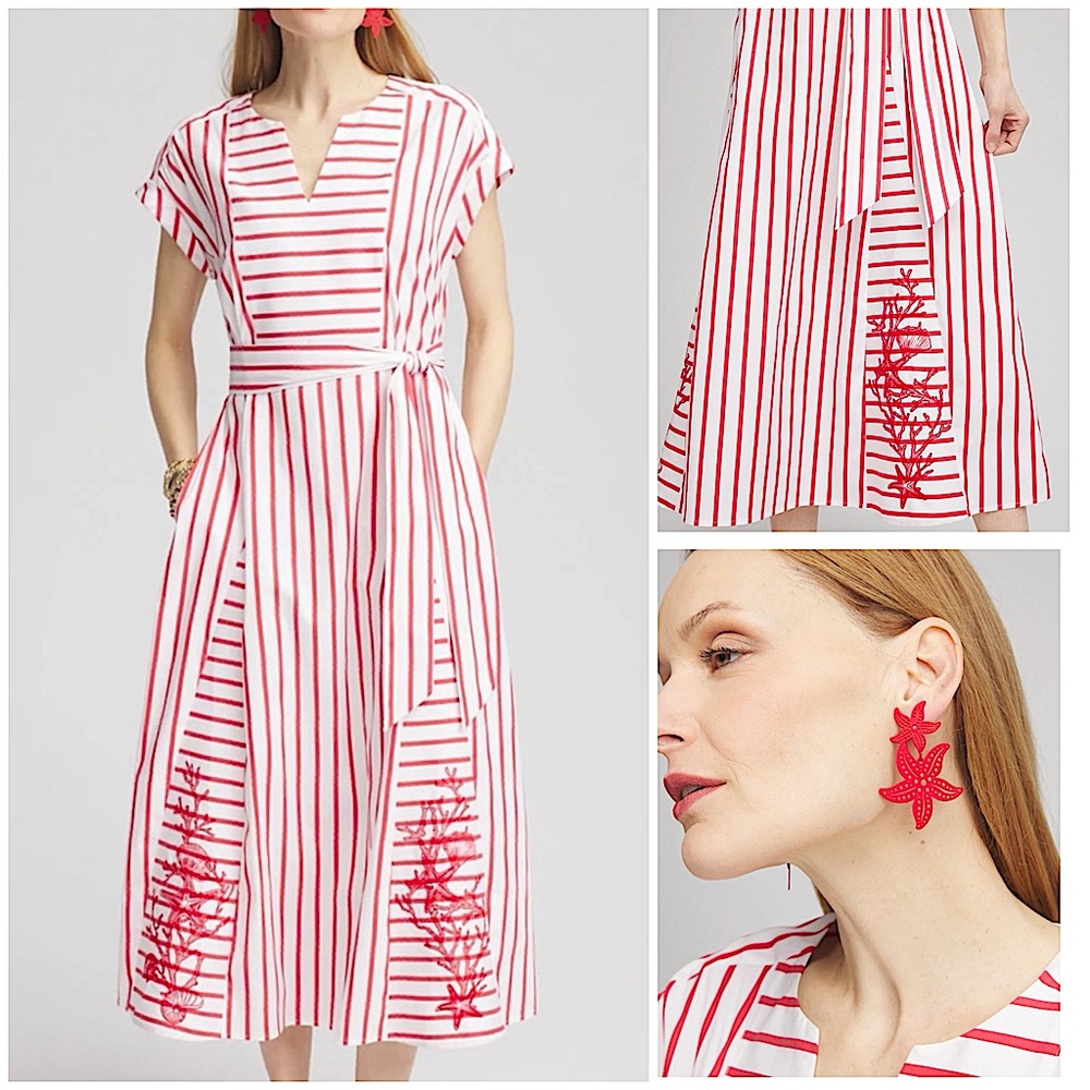 NWT Chico’s red white stripe cotton maxi dress large matching starfish earrings